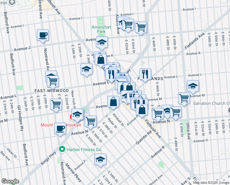 map of restaurants, bars, coffee shops, grocery stores, and more near 1970 Flatbush Avenue in Brooklyn