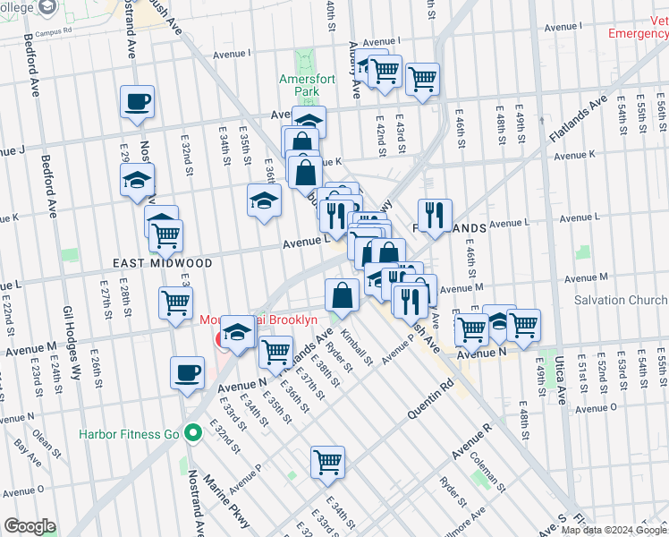 map of restaurants, bars, coffee shops, grocery stores, and more near 1343 East 38th Street in Brooklyn