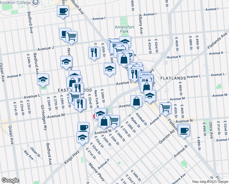 map of restaurants, bars, coffee shops, grocery stores, and more near 1335 East 35th Street in Brooklyn
