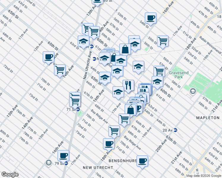 map of restaurants, bars, coffee shops, grocery stores, and more near 1647 65th Street in Brooklyn