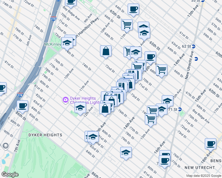 map of restaurants, bars, coffee shops, grocery stores, and more near 1232 74th Street in Brooklyn