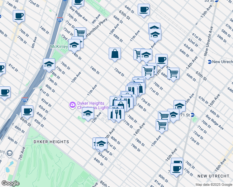 map of restaurants, bars, coffee shops, grocery stores, and more near 7512 12th Avenue in Brooklyn