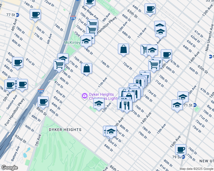 map of restaurants, bars, coffee shops, grocery stores, and more near 1140 76th Street in Brooklyn