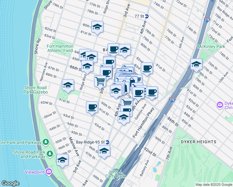 map of restaurants, bars, coffee shops, grocery stores, and more near 365 88th Street in Brooklyn