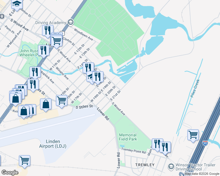 map of restaurants, bars, coffee shops, grocery stores, and more near 29 East 20th Street in Linden