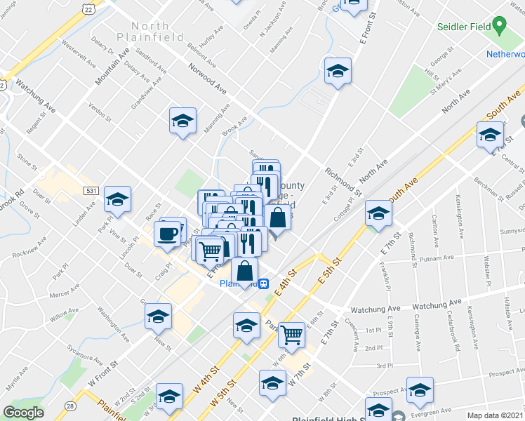 map of restaurants, bars, coffee shops, grocery stores, and more near in Plainfield