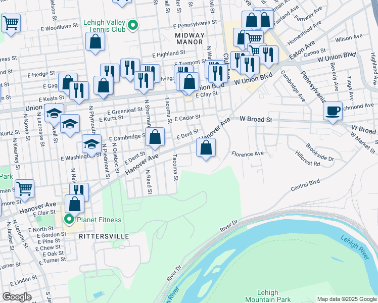 map of restaurants, bars, coffee shops, grocery stores, and more near 2030 Trump Street in Allentown