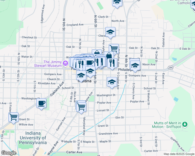 map of restaurants, bars, coffee shops, grocery stores, and more near 57 South 6th Street in Indiana