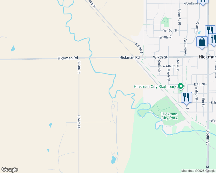 map of restaurants, bars, coffee shops, grocery stores, and more near 19500 South 54th Street in Hickman