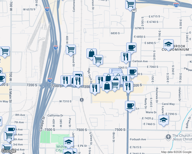 map of restaurants, bars, coffee shops, grocery stores, and more near 7155 High Tech Drive in Midvale