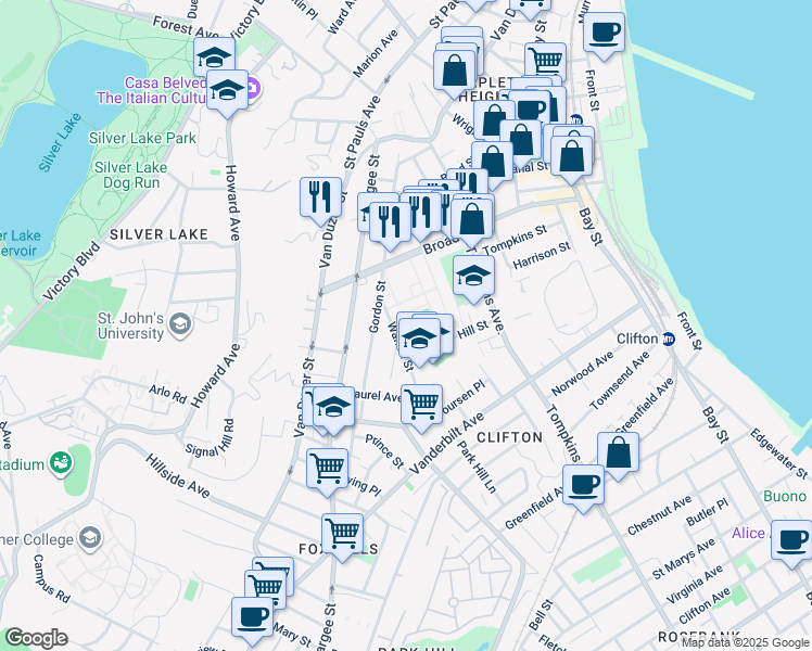map of restaurants, bars, coffee shops, grocery stores, and more near 45 Warren Street in Staten Island