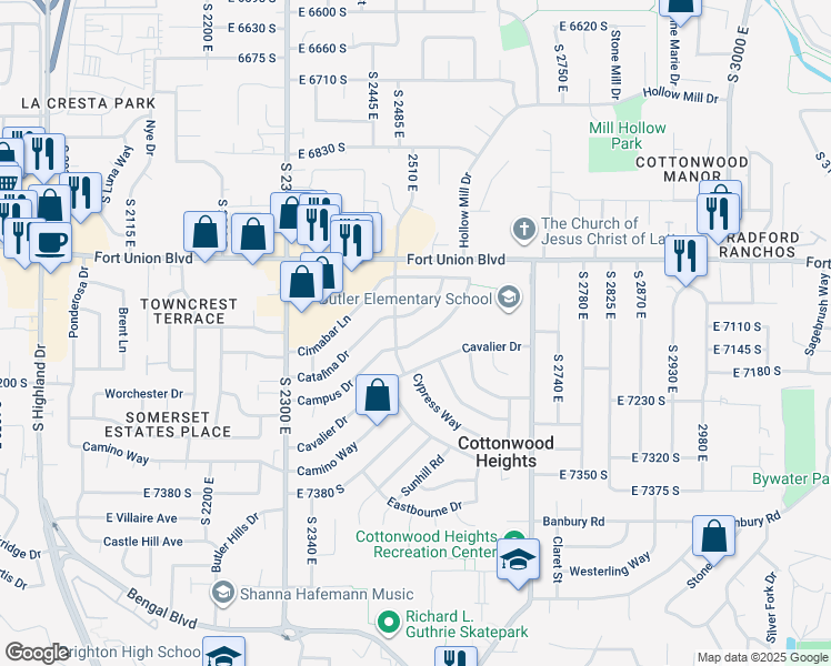 map of restaurants, bars, coffee shops, grocery stores, and more near 2511 Campus Drive in Cottonwood Heights