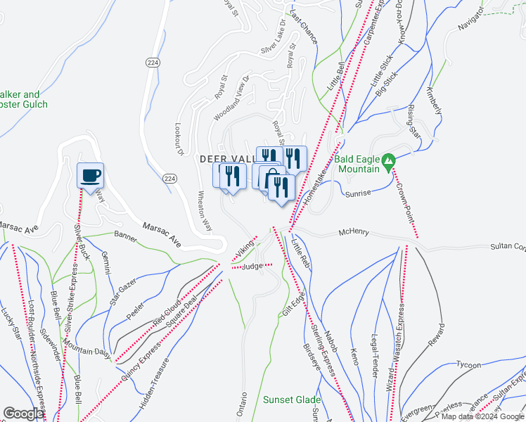 map of restaurants, bars, coffee shops, grocery stores, and more near 7550 Royal Street in Park City