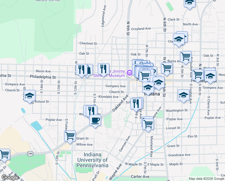 map of restaurants, bars, coffee shops, grocery stores, and more near 966 Church Street in Indiana