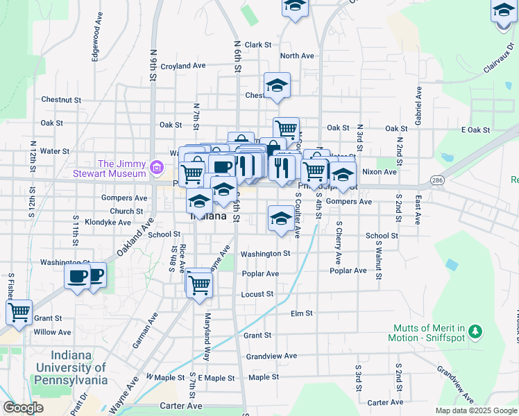 map of restaurants, bars, coffee shops, grocery stores, and more near 5221 South Wherle Way in Indiana