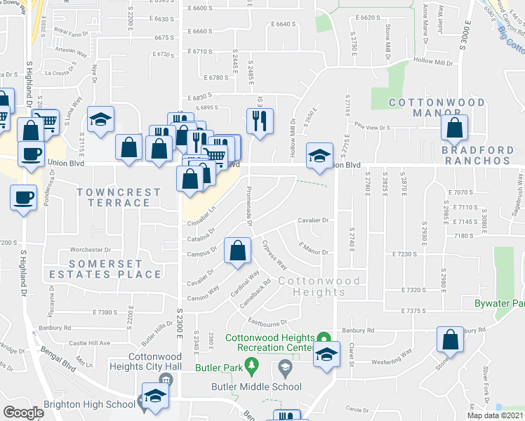 map of restaurants, bars, coffee shops, grocery stores, and more near 2511 Campus Drive in Cottonwood Heights