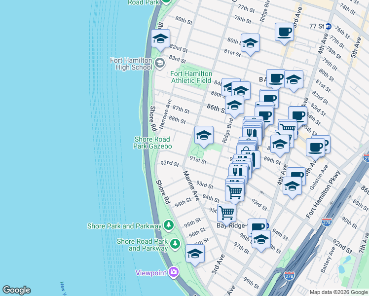 map of restaurants, bars, coffee shops, grocery stores, and more near 53 91st Street in Brooklyn