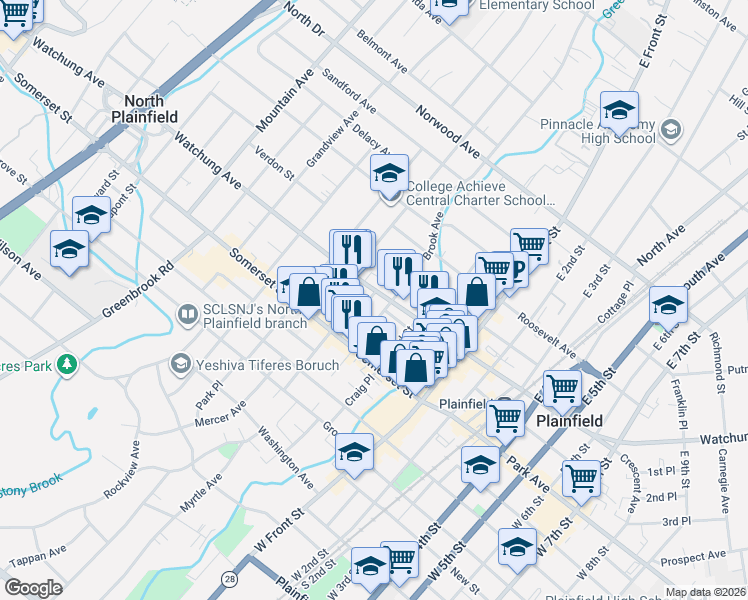 map of restaurants, bars, coffee shops, grocery stores, and more near 46 Harmony Street in North Plainfield