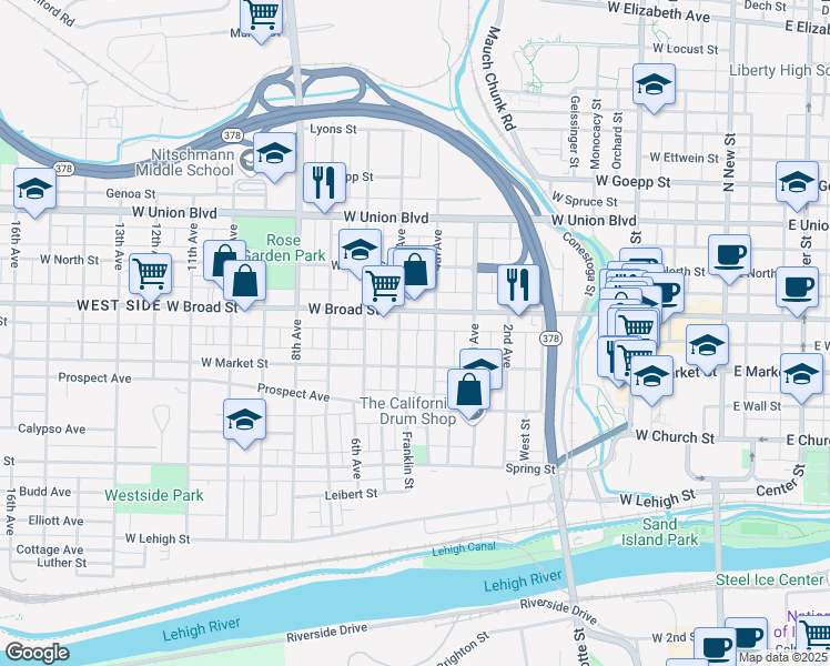 map of restaurants, bars, coffee shops, grocery stores, and more near 521 4th Avenue in Bethlehem