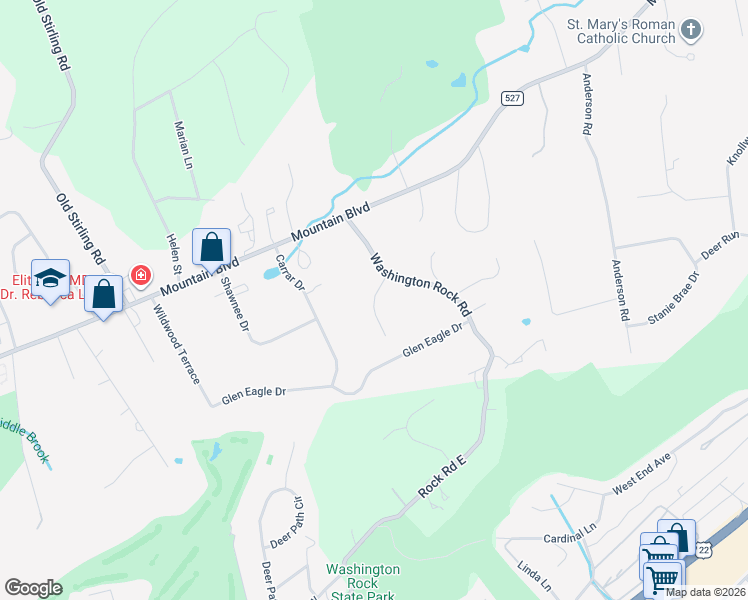 map of restaurants, bars, coffee shops, grocery stores, and more near 34 Robin Glen Road in Watchung