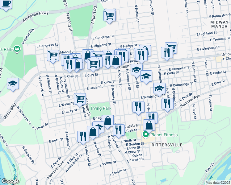 map of restaurants, bars, coffee shops, grocery stores, and more near 823 North Kearney Street in Allentown