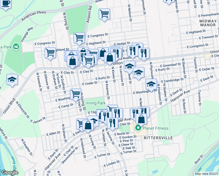 map of restaurants, bars, coffee shops, grocery stores, and more near 823 North Kearney Street in Allentown