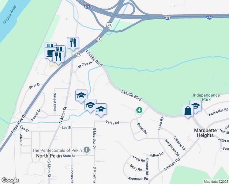 map of restaurants, bars, coffee shops, grocery stores, and more near 222 Lasalle Boulevard in Marquette Heights