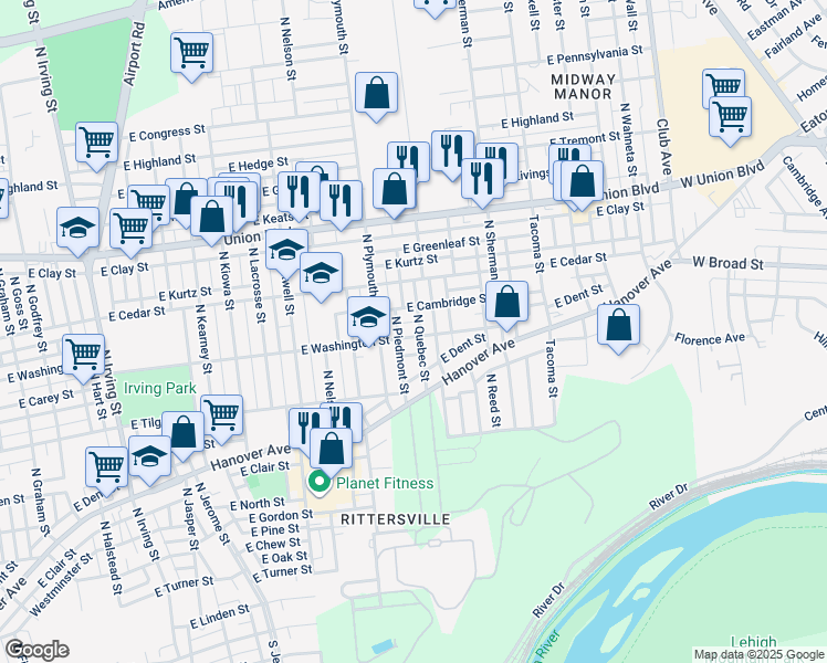 map of restaurants, bars, coffee shops, grocery stores, and more near 1633 East Washington Street in Allentown