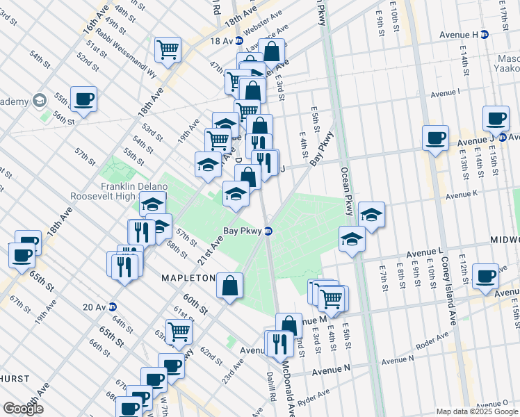 map of restaurants, bars, coffee shops, grocery stores, and more near 1274 McDonald Avenue in Brooklyn