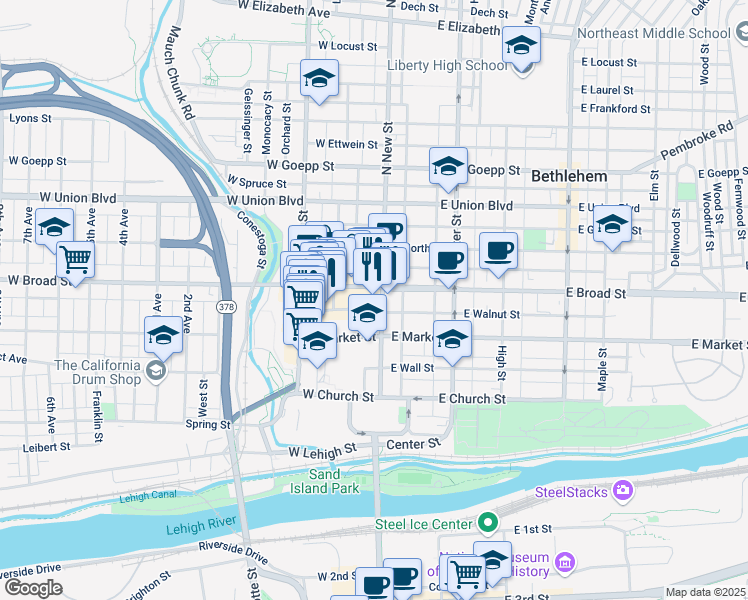 map of restaurants, bars, coffee shops, grocery stores, and more near 1 West Broad Street in Bethlehem