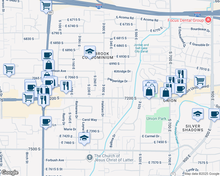 map of restaurants, bars, coffee shops, grocery stores, and more near 7173 South 350 East in Midvale