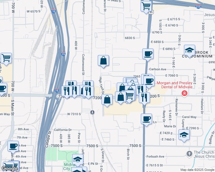 map of restaurants, bars, coffee shops, grocery stores, and more near 144 West 7200 South in Midvale