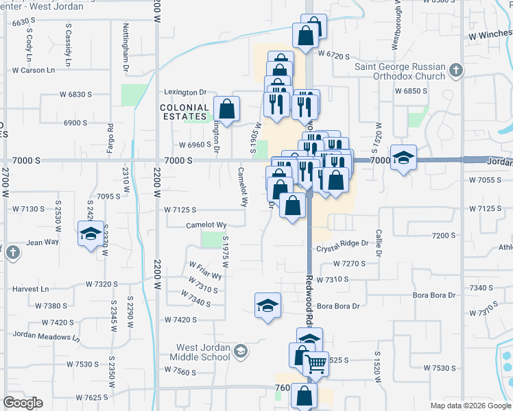 map of restaurants, bars, coffee shops, grocery stores, and more near 1865 Gold Rush Circle in West Jordan