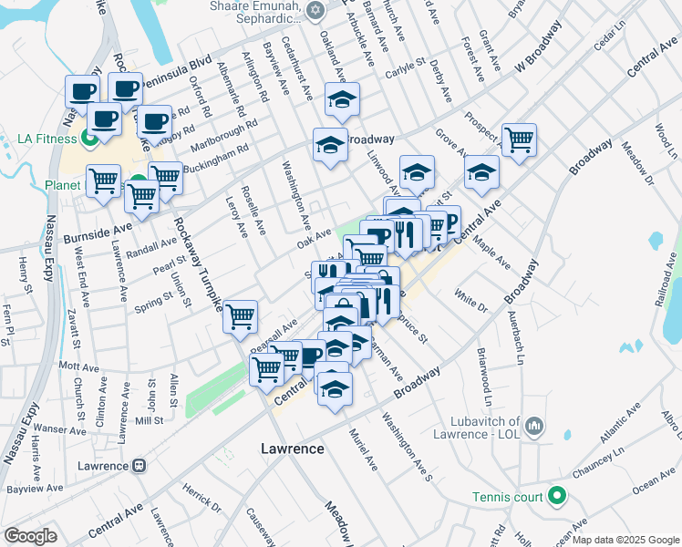 map of restaurants, bars, coffee shops, grocery stores, and more near 215 Washington Avenue in Cedarhurst