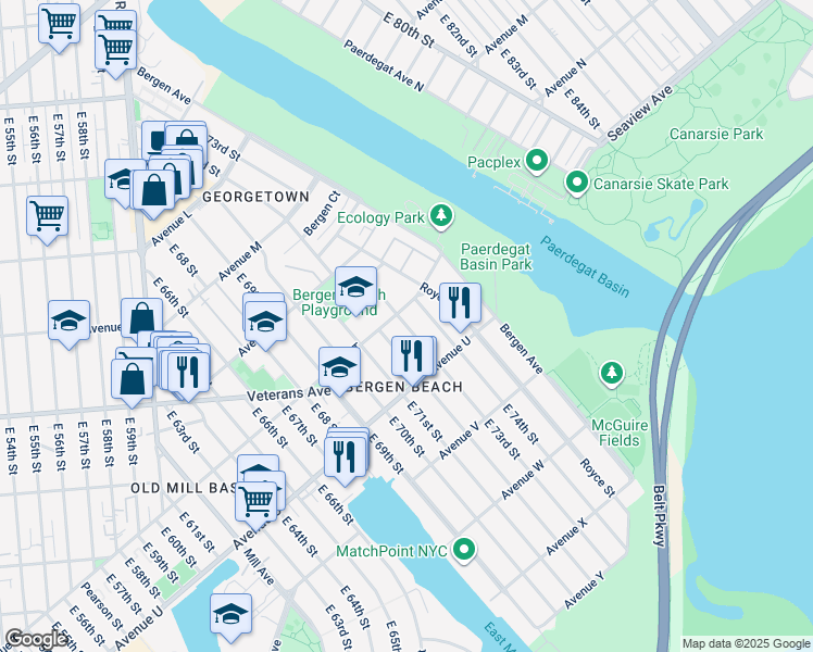 map of restaurants, bars, coffee shops, grocery stores, and more near 2009 East 72nd Street in Brooklyn