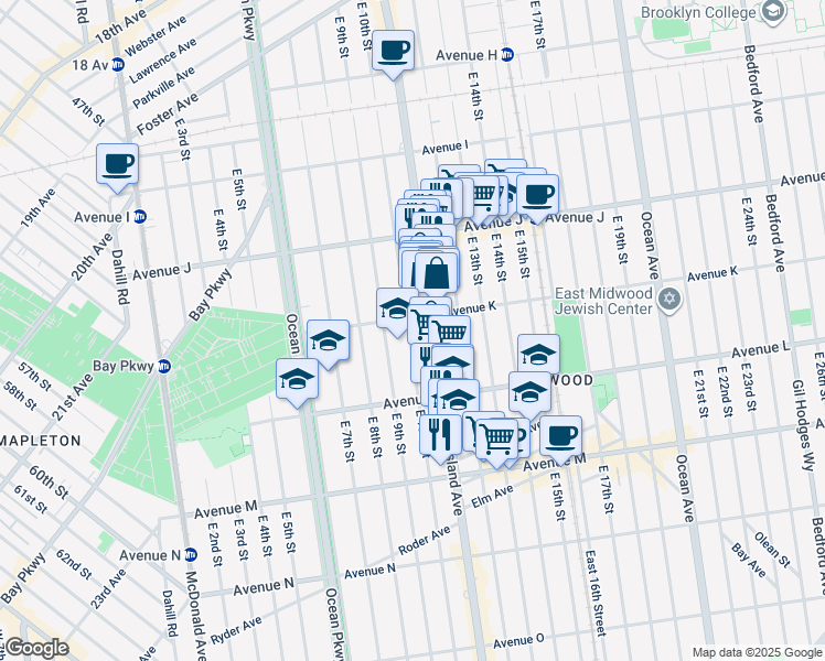 map of restaurants, bars, coffee shops, grocery stores, and more near 1476 Coney Island Avenue in Brooklyn