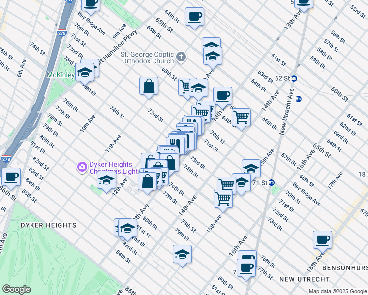 map of restaurants, bars, coffee shops, grocery stores, and more near 1268 73rd Street in Brooklyn