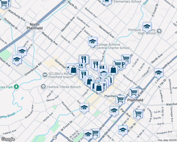 map of restaurants, bars, coffee shops, grocery stores, and more near 40 Chatham Street in North Plainfield