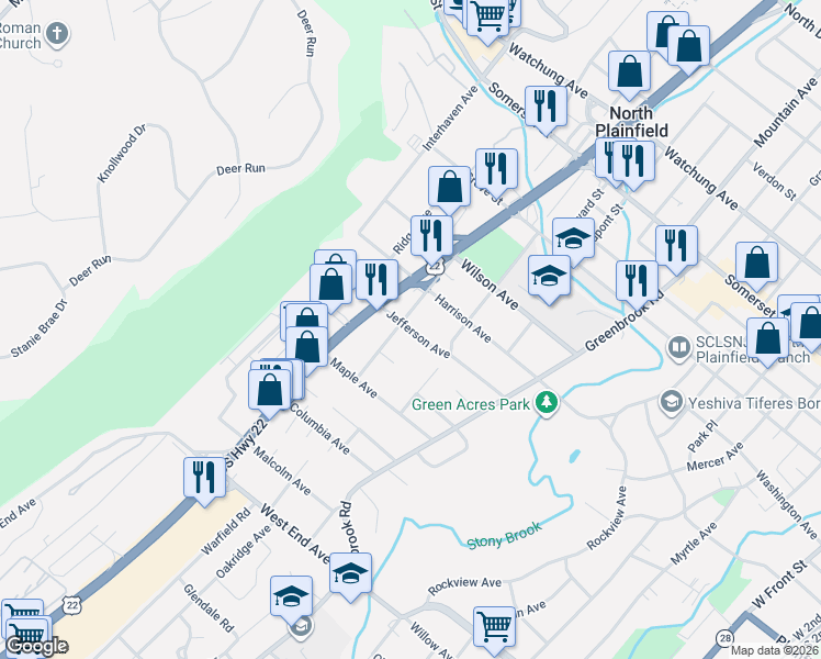 map of restaurants, bars, coffee shops, grocery stores, and more near 247 Jefferson Avenue in North Plainfield