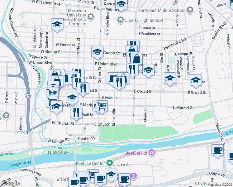 map of restaurants, bars, coffee shops, grocery stores, and more near 537 High Street in Bethlehem
