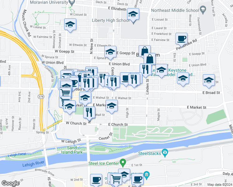 map of restaurants, bars, coffee shops, grocery stores, and more near 528 Center Street in Bethlehem