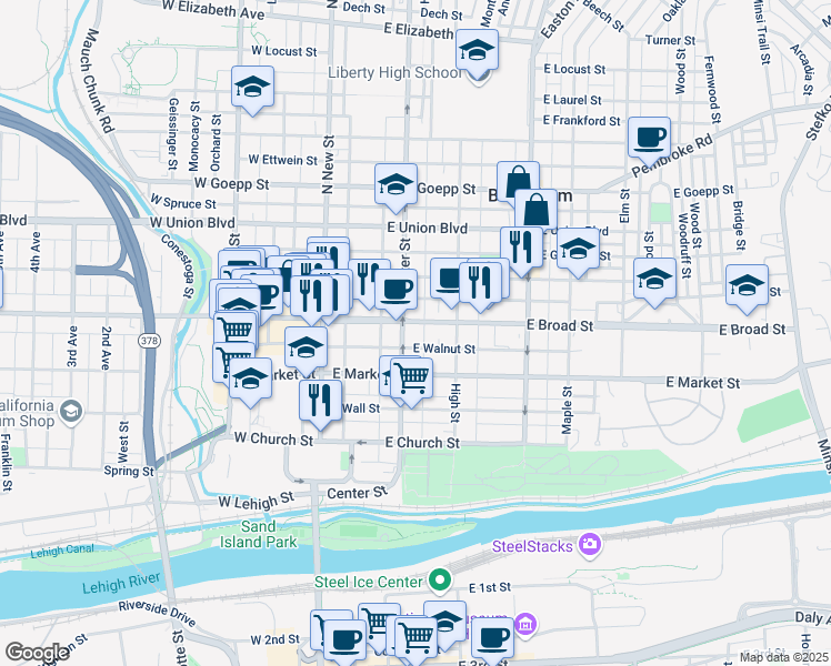 map of restaurants, bars, coffee shops, grocery stores, and more near 528 Center Street in Bethlehem