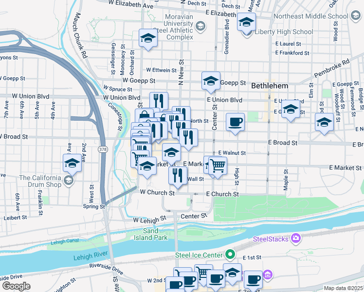 map of restaurants, bars, coffee shops, grocery stores, and more near 538 North New Street in Bethlehem