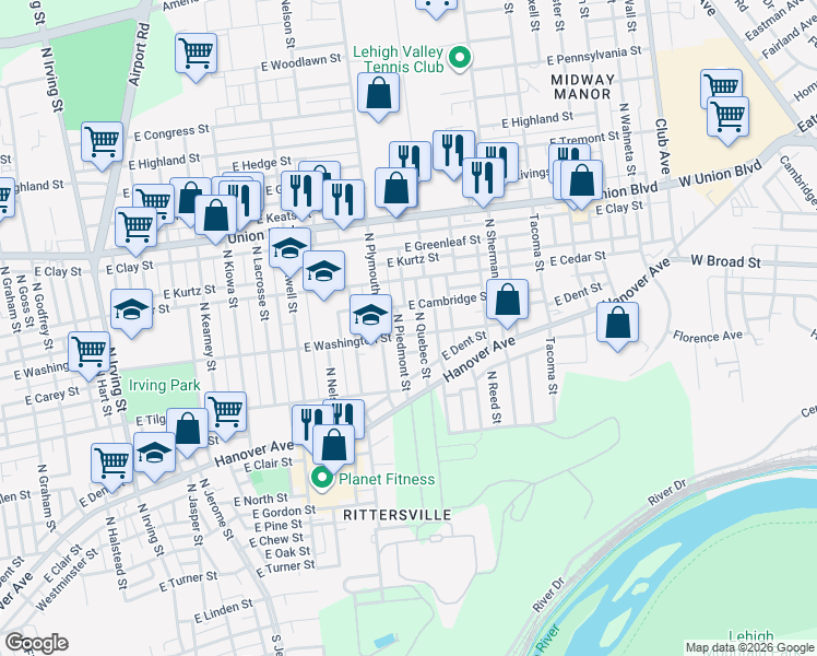 map of restaurants, bars, coffee shops, grocery stores, and more near 1638 East Washington Street in Allentown