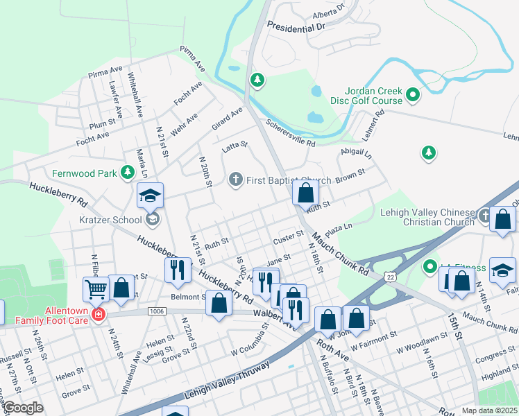 map of restaurants, bars, coffee shops, grocery stores, and more near 1848 Brown Street in Allentown