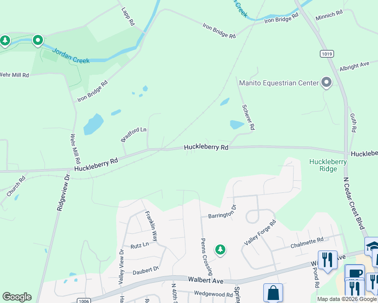 map of restaurants, bars, coffee shops, grocery stores, and more near 3750 Huckleberry Road in Allentown