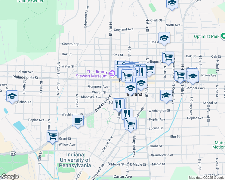 map of restaurants, bars, coffee shops, grocery stores, and more near 120 South 8th Street in Indiana
