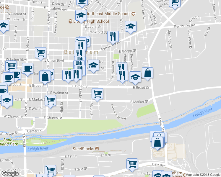 map of restaurants, bars, coffee shops, grocery stores, and more near 520 East Broad Street in Bethlehem