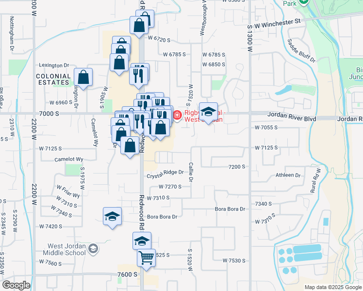 map of restaurants, bars, coffee shops, grocery stores, and more near 7118 Equator Lane in West Jordan