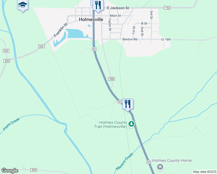 map of restaurants, bars, coffee shops, grocery stores, and more near Ohio 83 in Holmesville